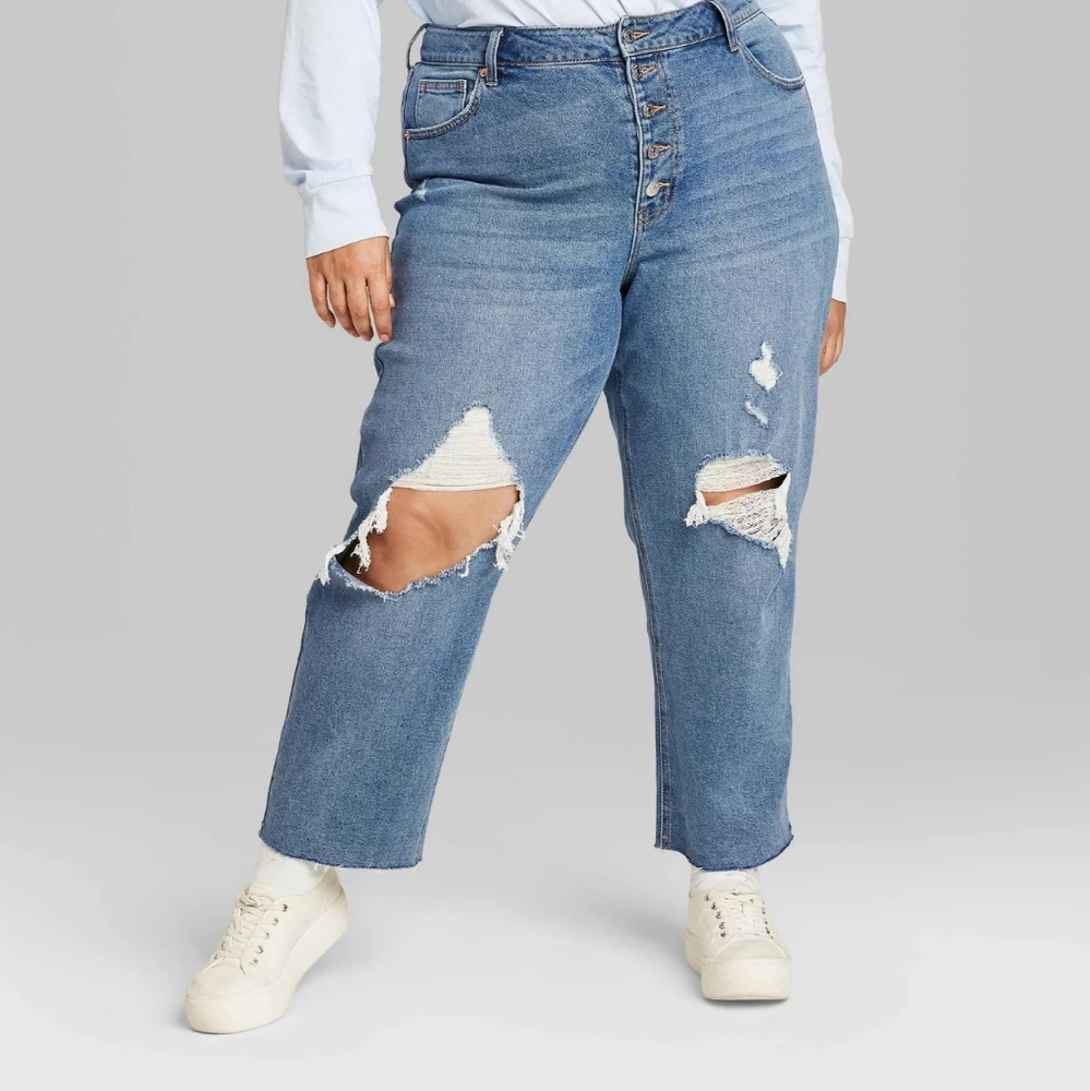 🆕️ Wild Fable Distressed High Rise Straight Ankle Jeans Size 18 Medium Wash